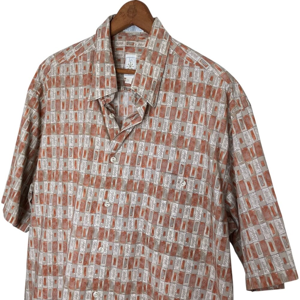 Vintage Burma Bibas Men's Large‎ Orange Geometric Cotton Lawn Short Sleeve Shirt